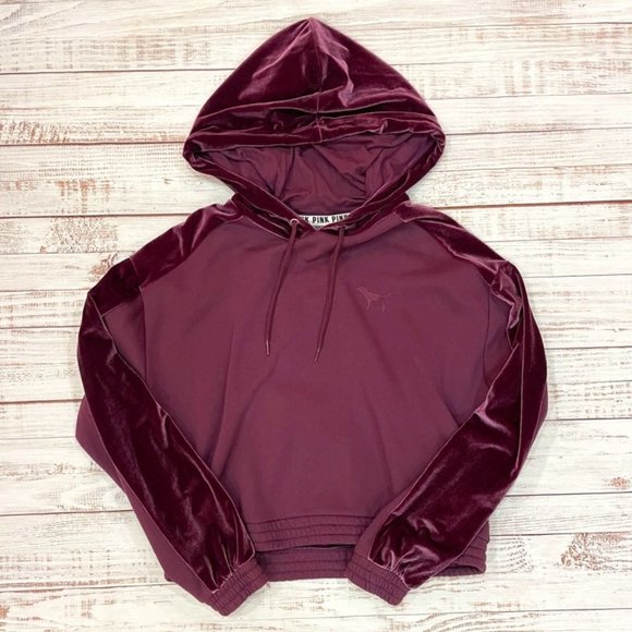 Women's PINK Velvet Cropped Hoodie Sweatshirt - Picture 1 of 6
